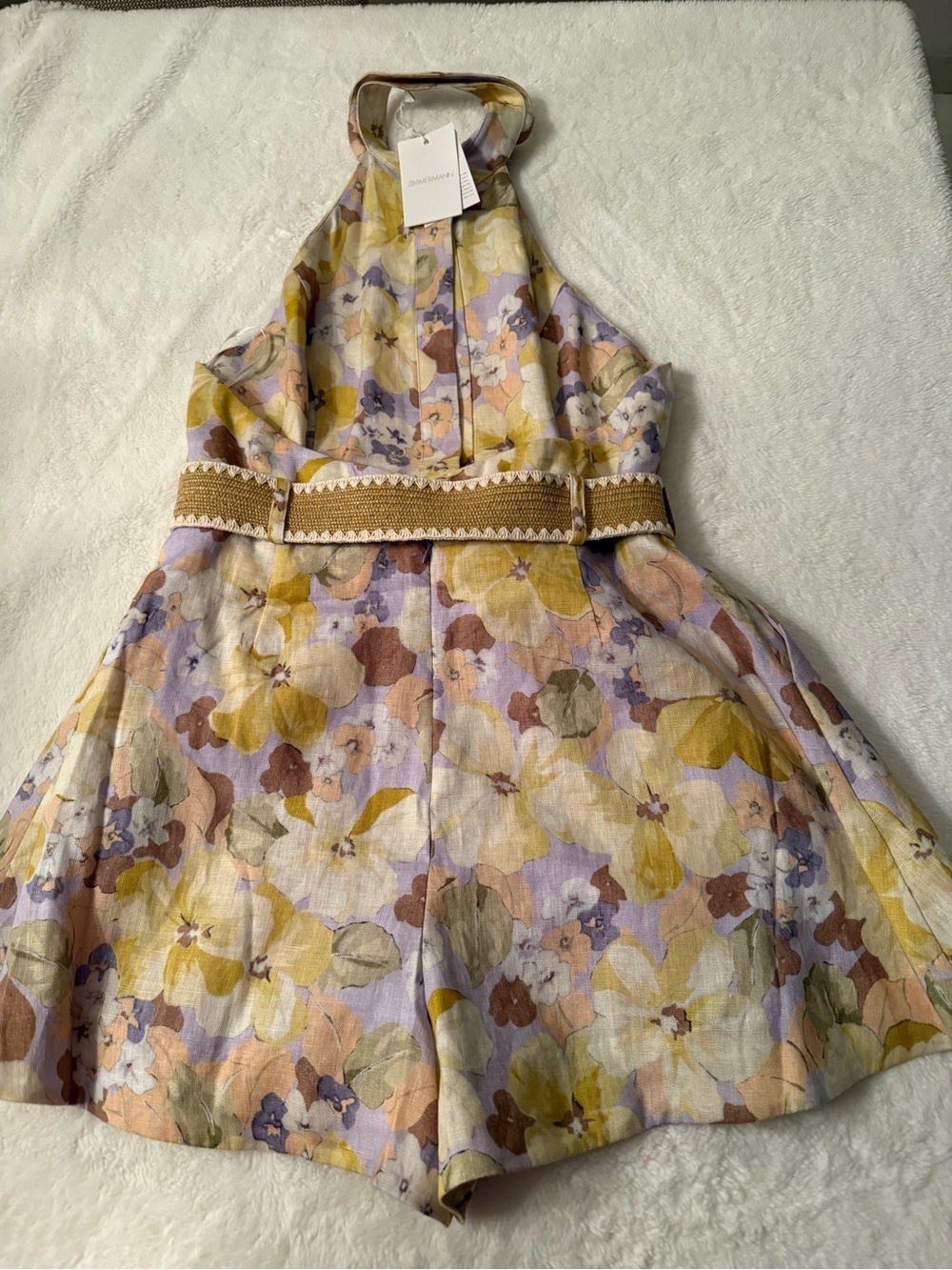 Zimmermann Floral Halter Romper with Woven Belt - Yellow Lavender - Picture 6 of 10